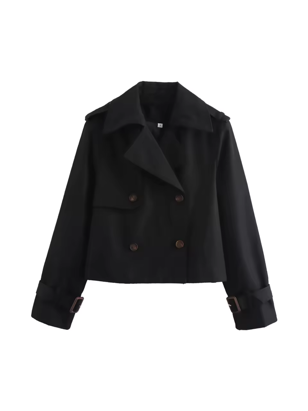 Women's cropped double-breasted trench coat with pointed collar and buckle cuffs
