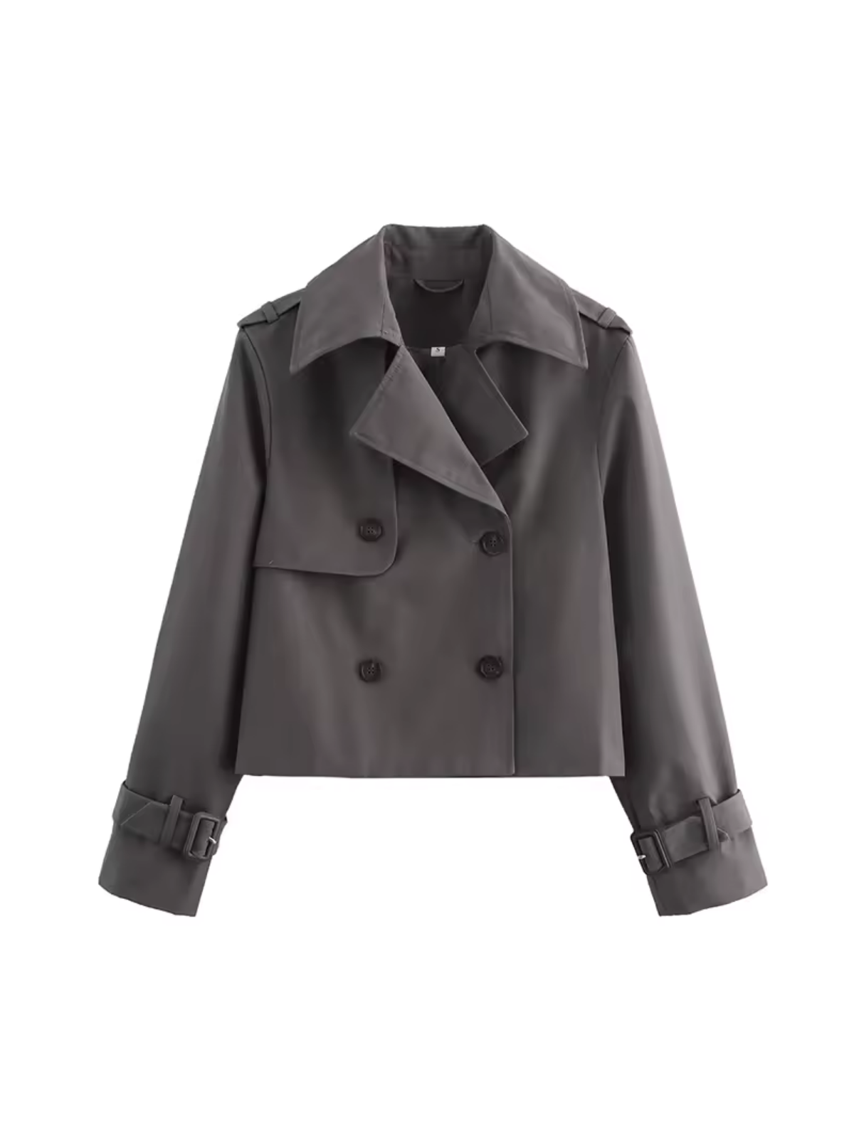 Women's cropped double-breasted trench coat with pointed collar and buckle cuffs