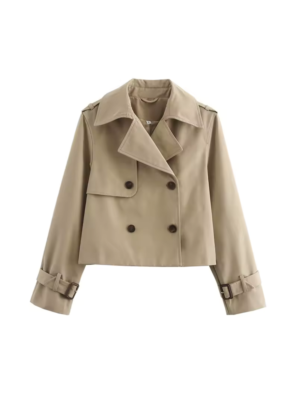 Women's cropped double-breasted trench coat with pointed collar and buckle cuffs