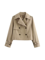 Women's cropped double-breasted trench coat with pointed collar and buckle cuffs