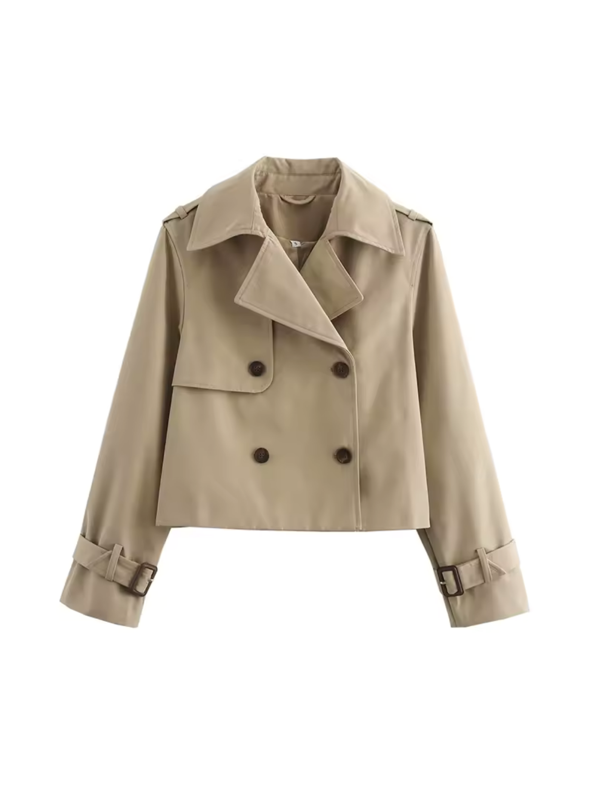 Women's cropped double-breasted trench coat with pointed collar and buckle cuffs