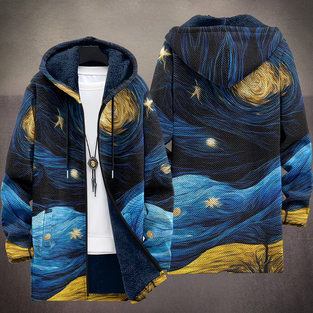 Unisex multicoloured hooded zip-up top with blue, black and yellow abstract starry print