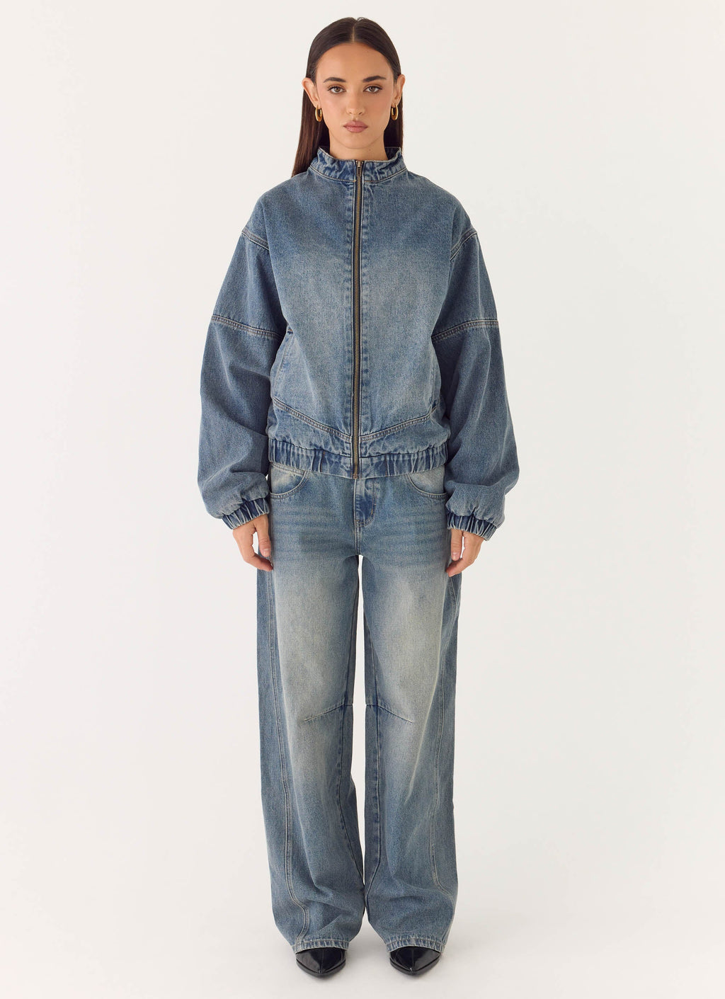 Men's mid-wash blue denim bomber jacket