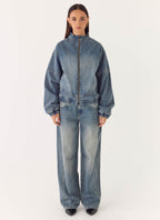 Men's mid-wash blue denim bomber jacket