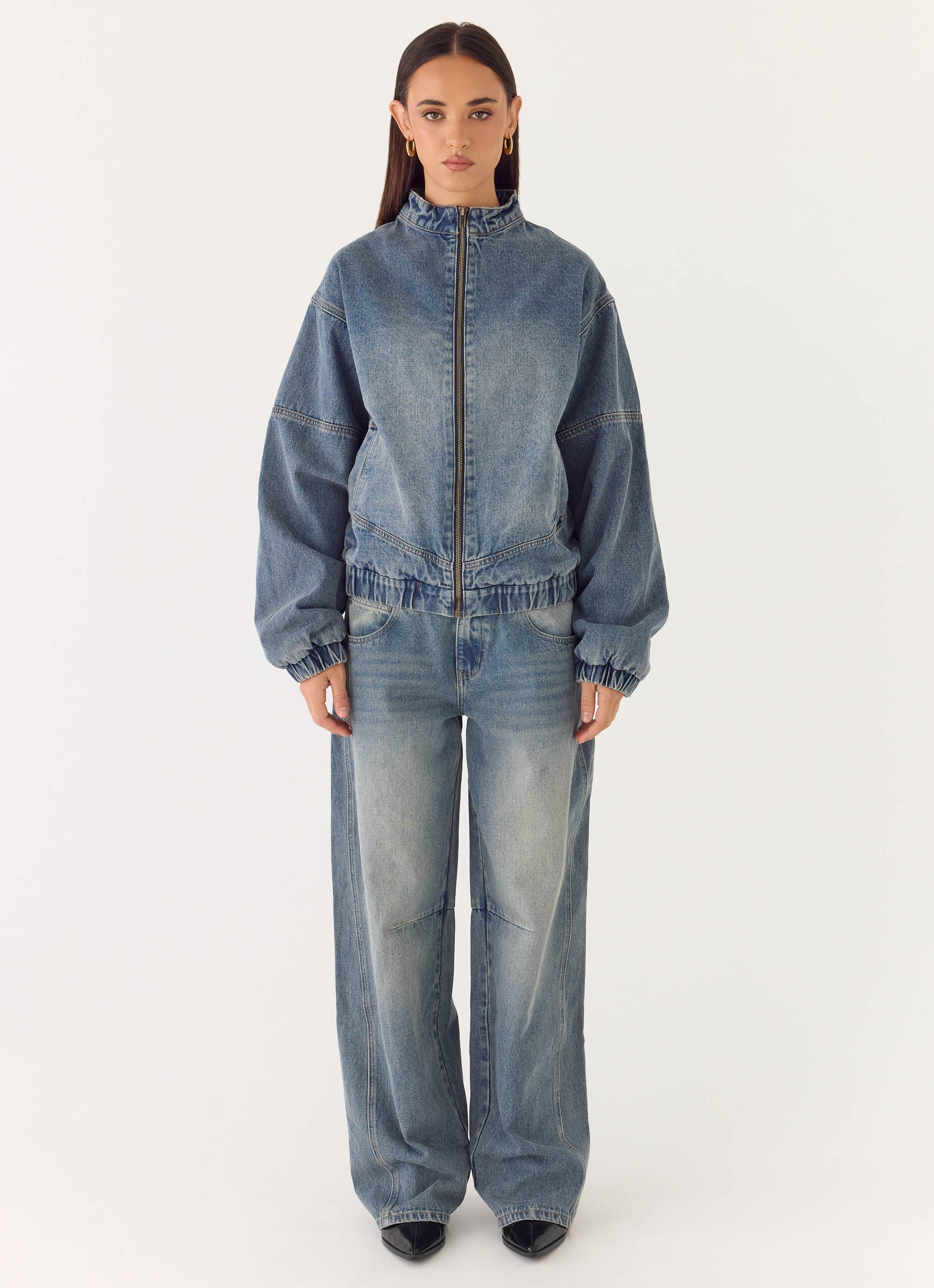 Men's mid-wash blue denim bomber jacket
