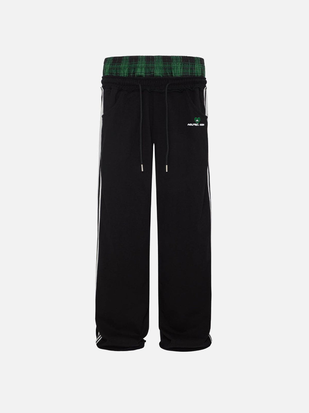 Black wide-leg jogger trousers with checked waistband and drawcords