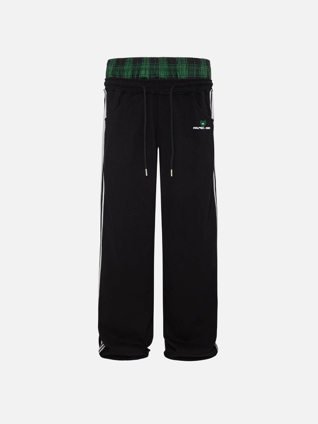 Black wide-leg jogger trousers with checked waistband and drawcords