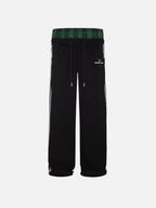 Black wide-leg jogger trousers with checked waistband and drawcords