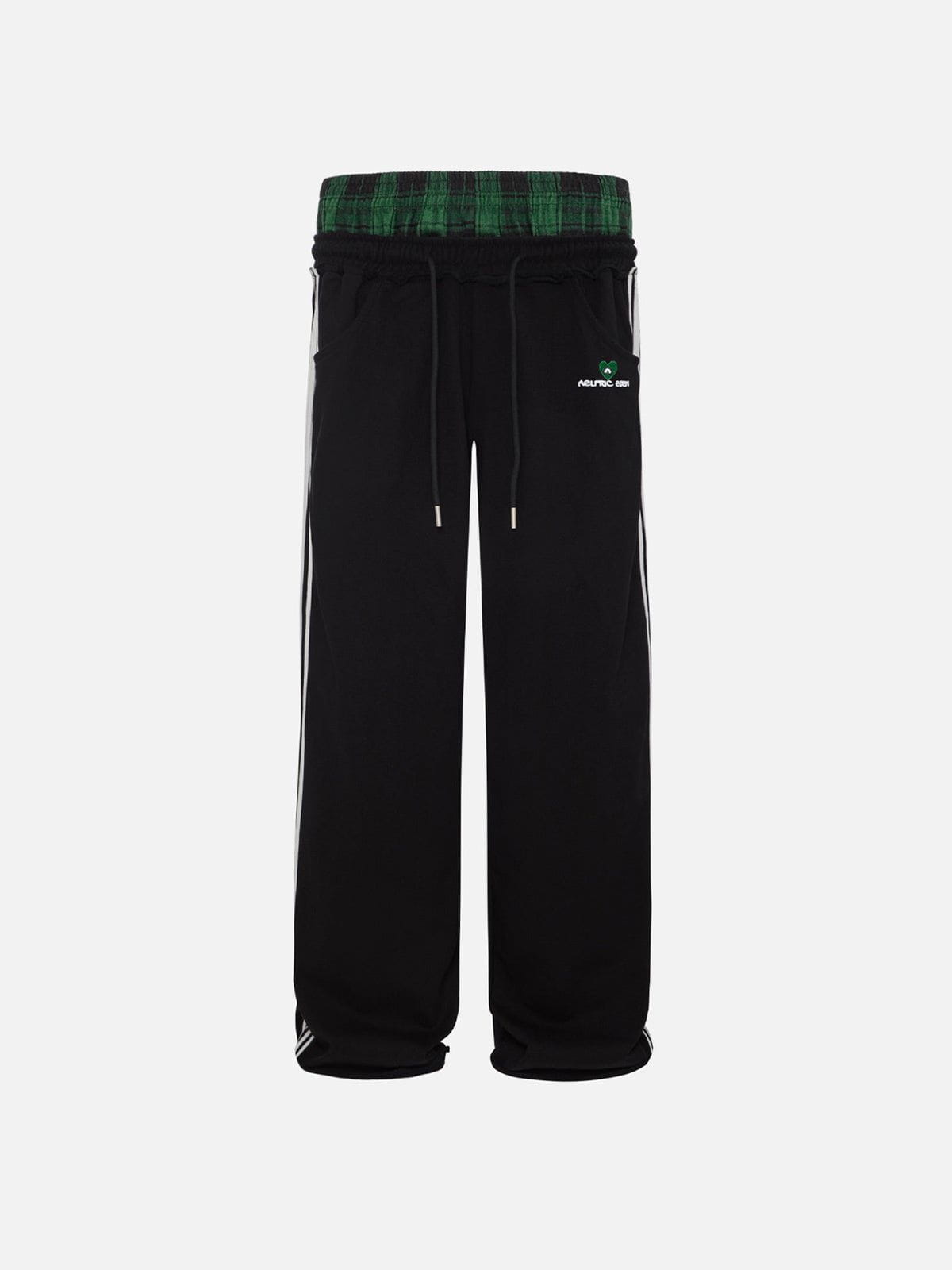 Black wide-leg jogger trousers with checked waistband and drawcords