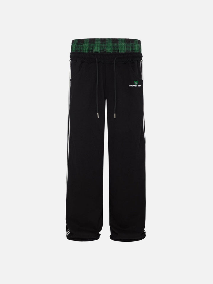 Black wide-leg jogger trousers with checked waistband and drawcords