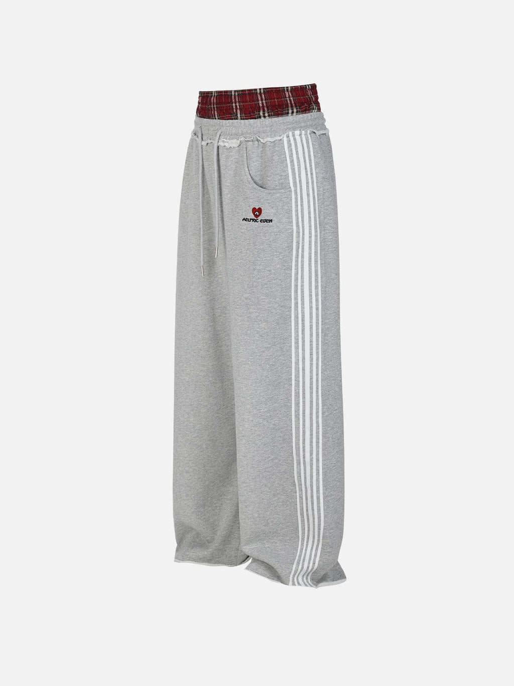 Black wide-leg jogger trousers with checked waistband and drawcords