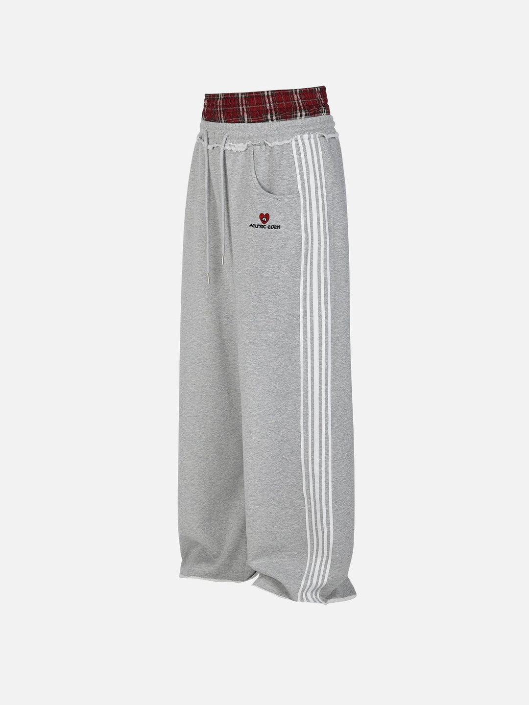 Black wide-leg jogger trousers with checked waistband and drawcords