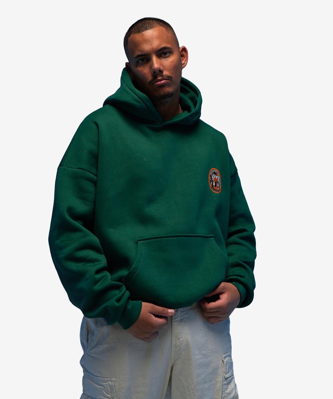 Men's green hoodie with graphic print, hood and kangaroo pocket