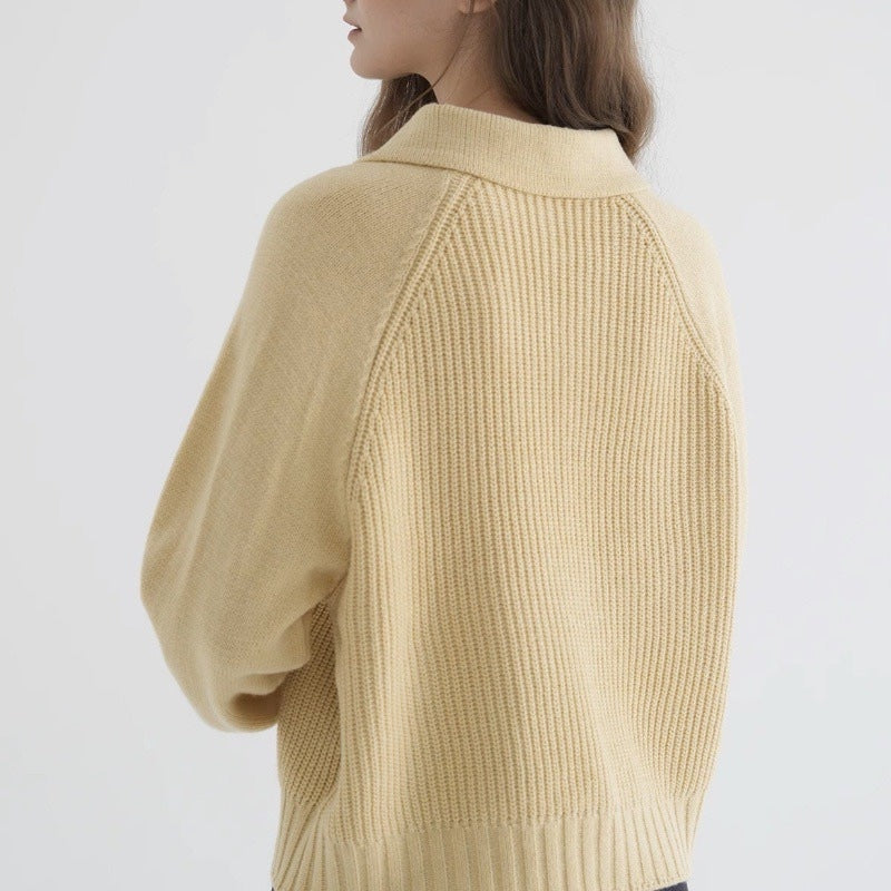 Women's knitted cardigan with rounded collar, long sleeves and button front