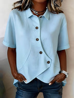 Women's short-sleeve button blouse with pointed collar and curved hem