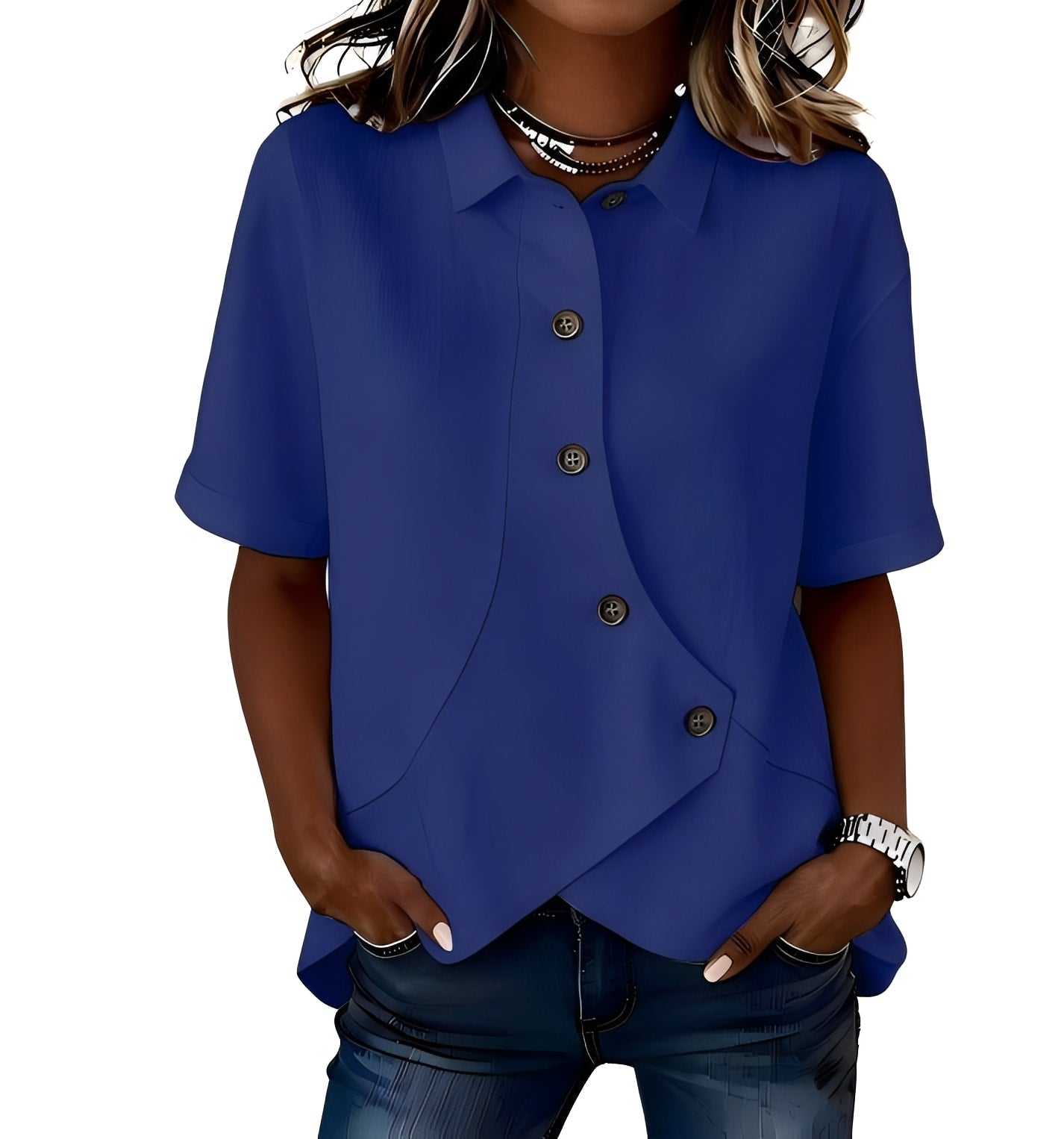 Women's short-sleeve button blouse with pointed collar and curved hem