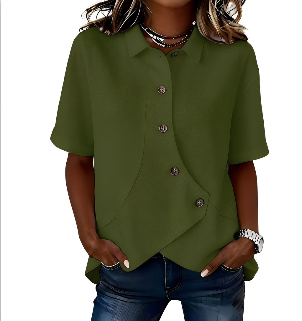 Women's short-sleeve button blouse with pointed collar and curved hem