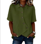 Women's short-sleeve button blouse with pointed collar and curved hem