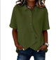 Women's short-sleeve button blouse with pointed collar and curved hem