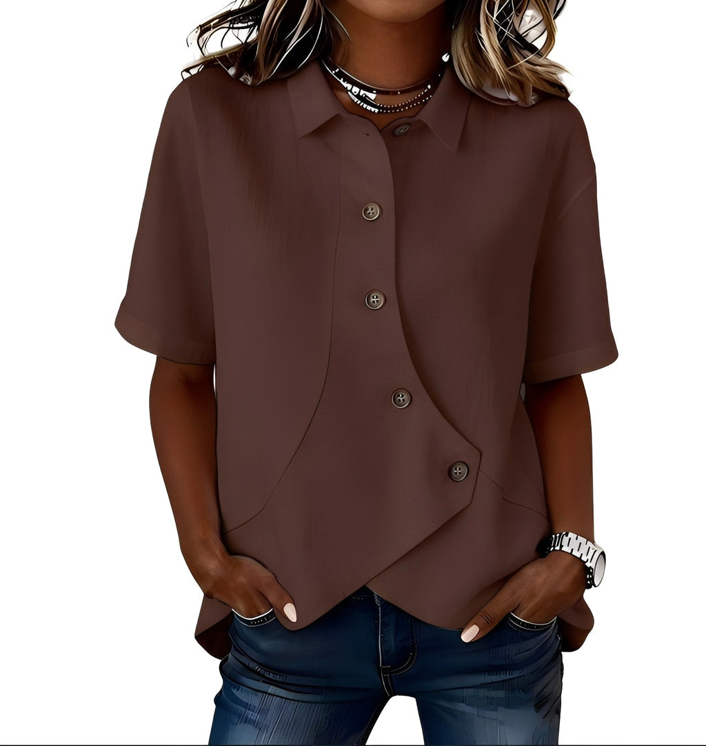Women's short-sleeve button blouse with pointed collar and curved hem
