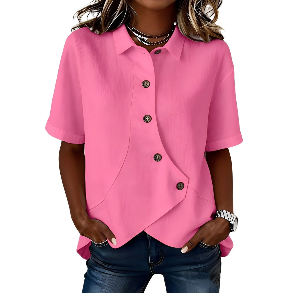 Women's short-sleeve button blouse with pointed collar and curved hem
