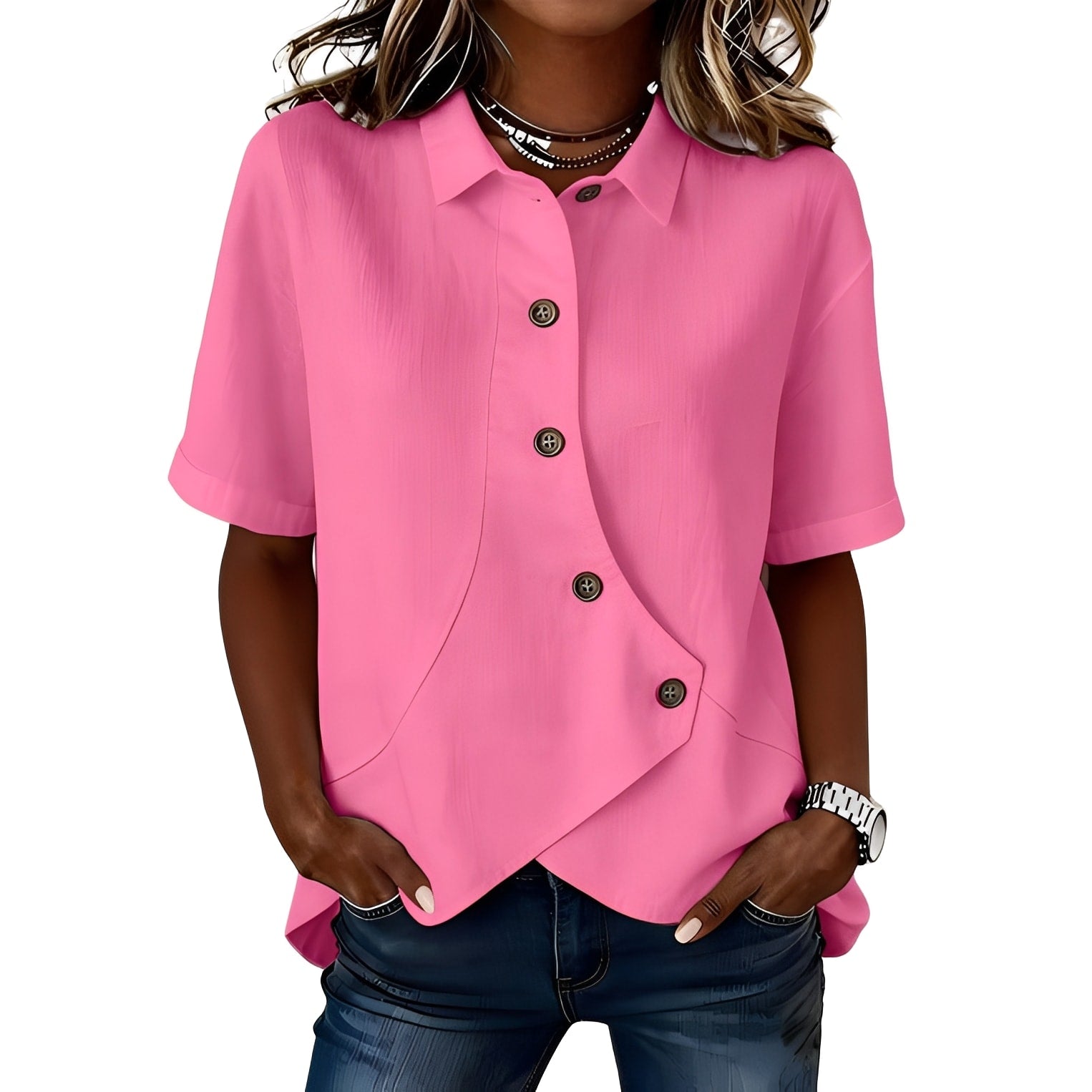 Women's short-sleeve button blouse with pointed collar and curved hem