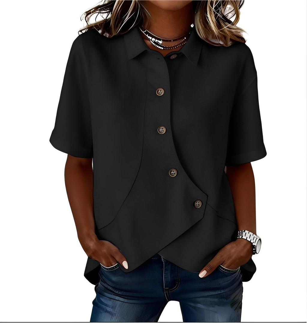 Women's short-sleeve button blouse with pointed collar and curved hem