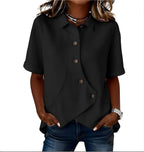 Women's short-sleeve button blouse with pointed collar and curved hem