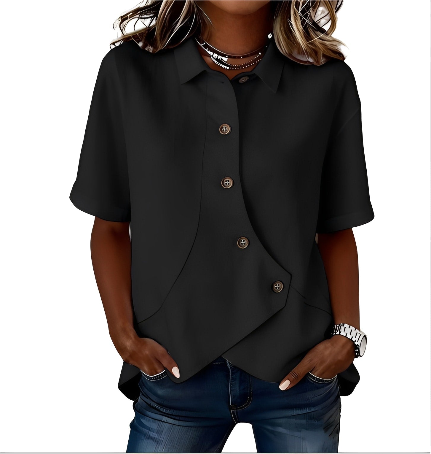 Women's short-sleeve button blouse with pointed collar and curved hem