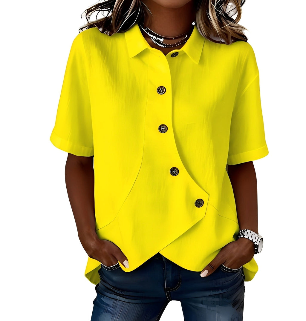 Women's short-sleeve button blouse with pointed collar and curved hem