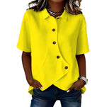 Women's short-sleeve button blouse with pointed collar and curved hem