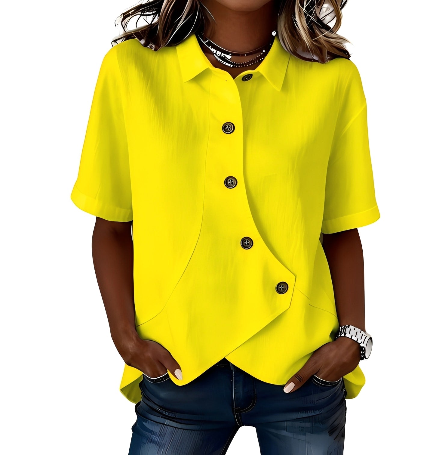 Women's short-sleeve button blouse with pointed collar and curved hem