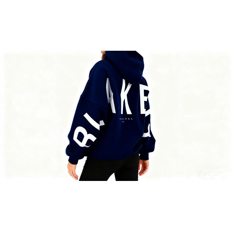 Women's graphic print hoodie with hood and bold back lettering