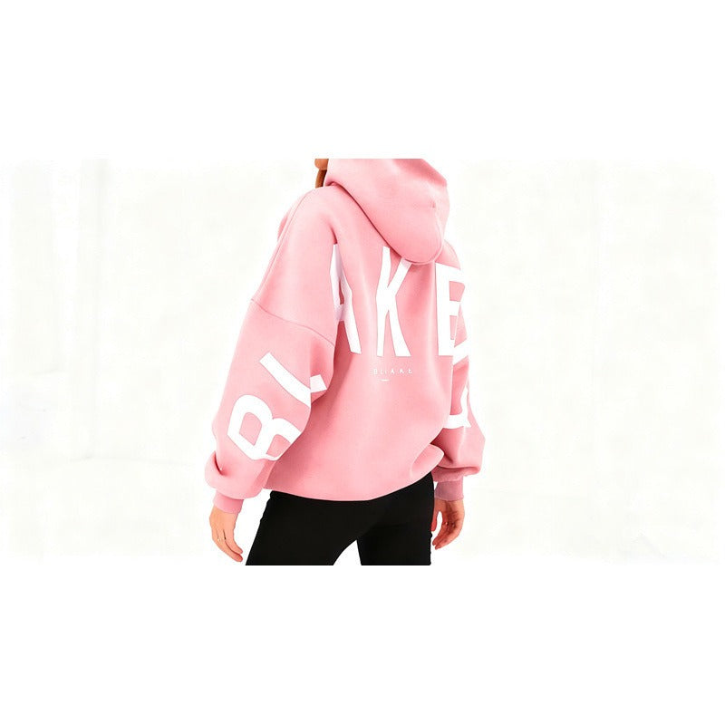 Women's graphic print hoodie with hood and bold back lettering