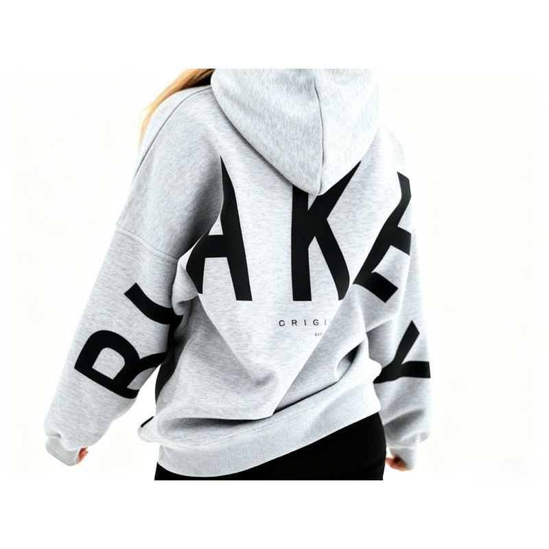 Women's graphic print hoodie with hood and bold back lettering