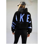 Women's graphic print hoodie with hood and bold back lettering