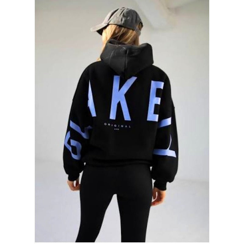 Women's graphic print hoodie with hood and bold back lettering