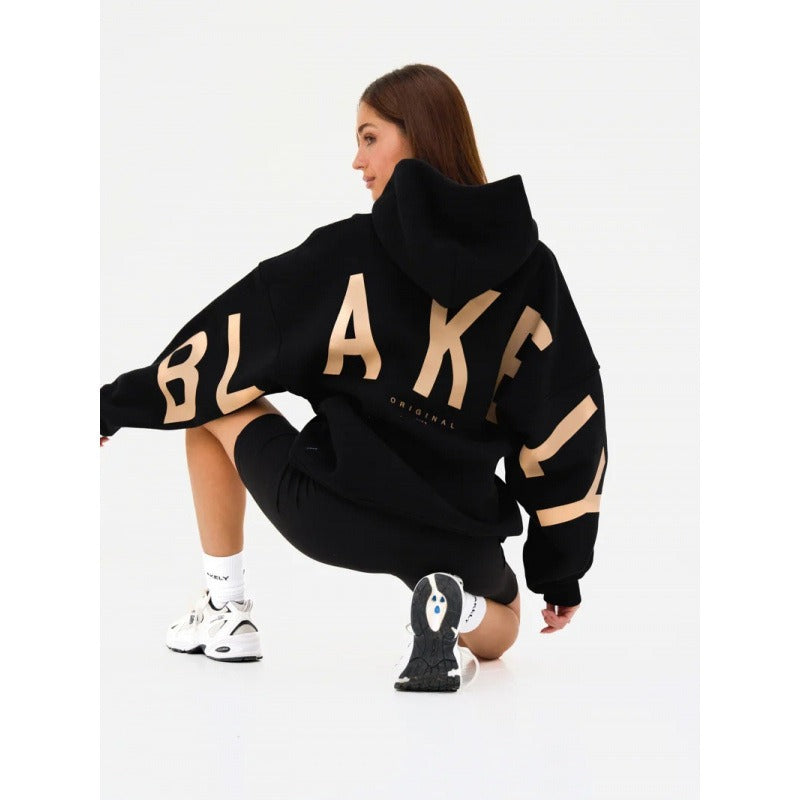 Women's graphic print hoodie with hood and bold back lettering