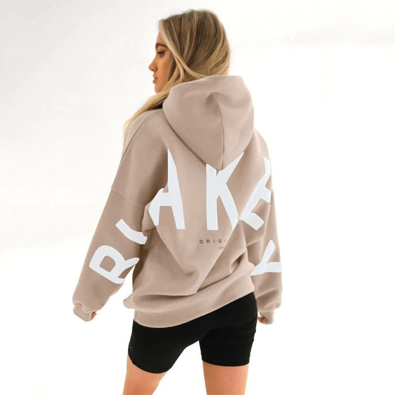 Women's graphic print hoodie with hood and bold back lettering