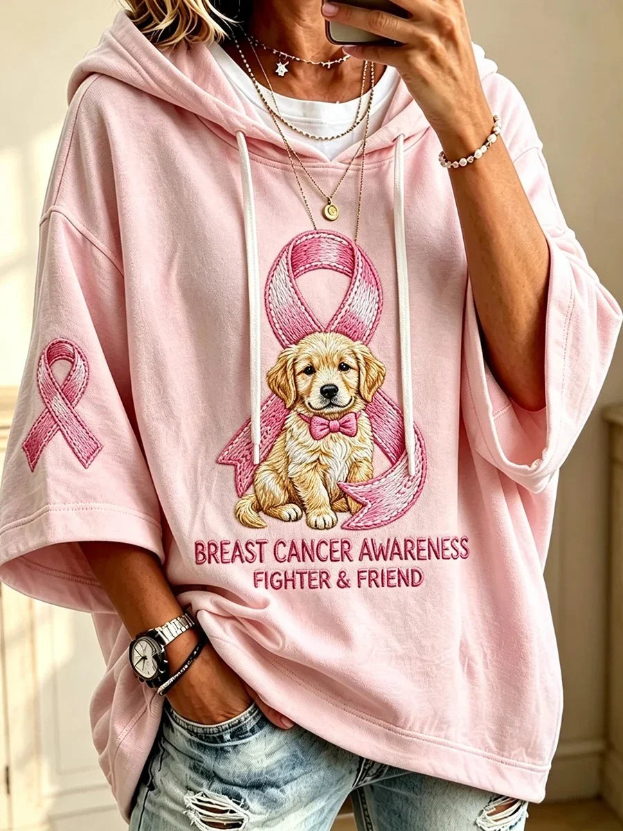 Women's pink awareness hoodie with dog and ribbon graphic