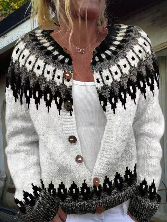 Women's geometric pattern cardigan with long sleeves and button front