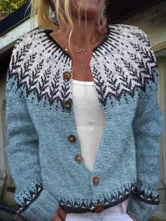 Women's blue Nordic pattern button cardigan