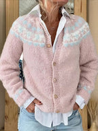 Women's pink cardigan with geometric patterned yoke, buttons and long sleeves