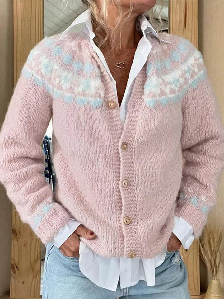 Women's pink cardigan with geometric patterned yoke, buttons and long sleeves