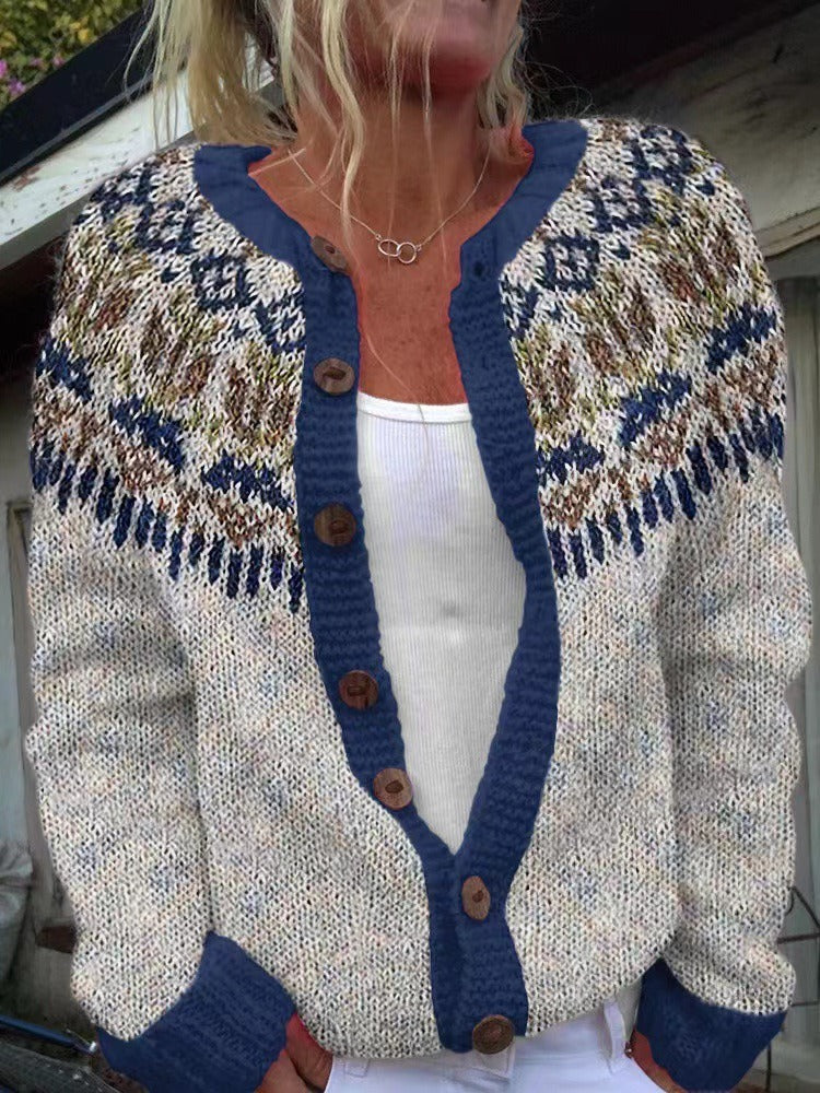 Women's multicoloured Nordic pattern cardigan with navy trim and button front