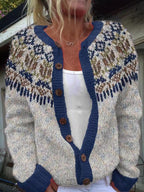 Women's multicoloured Nordic pattern cardigan with navy trim and button front