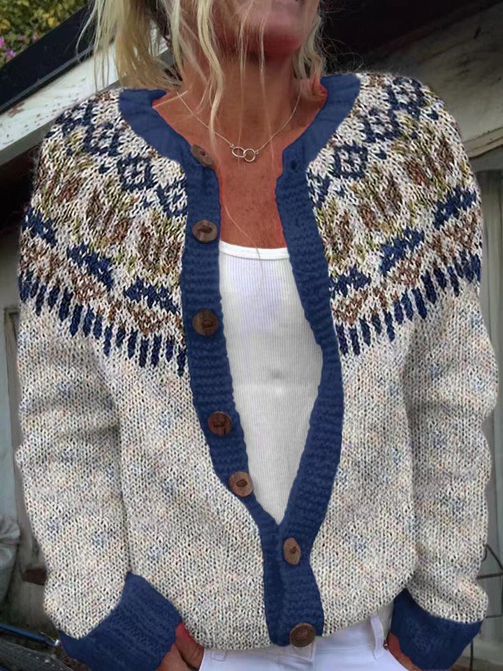 Women's multicoloured Nordic pattern cardigan with navy trim and button front
