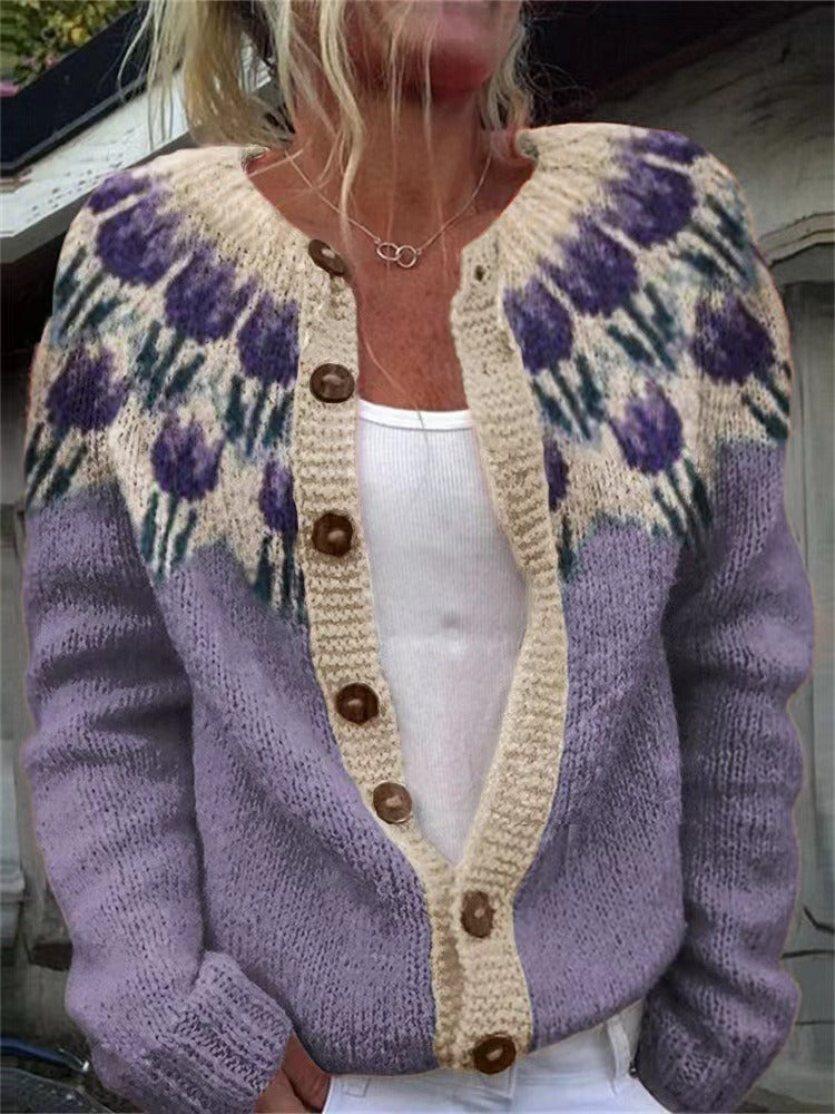 Women's multicolor floral cardigan with round neck and button front