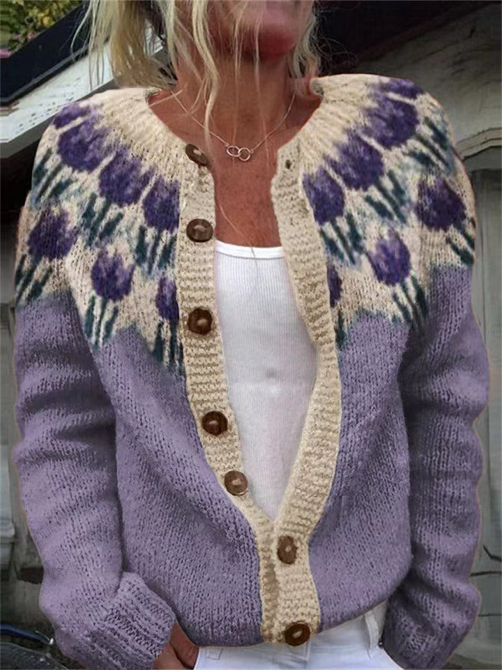 Women's multicolor floral cardigan with round neck and button front