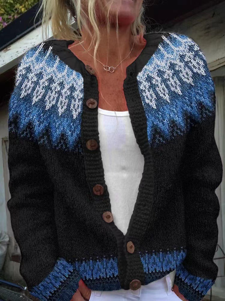 Women's black cardigan with blue and white Nordic pattern and brown buttons